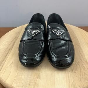 Prada Naplak Black Patent Leather Loafers Logo Lambskin Women’s Sz 6 Authentic
